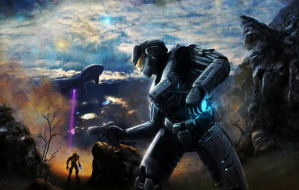 The sky, mountains, gun, ship, the suit, soldiers, helmet, Halo