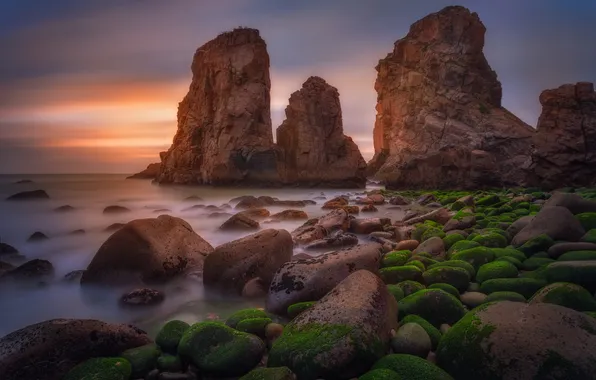 Sea, beach, sunset, stones, rocks, coast