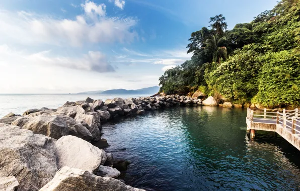 Sea, the sky, clouds, trees, stones, coast, horizon, Brazil