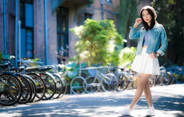 Girl, Asian, cutie, bikes, bokeh