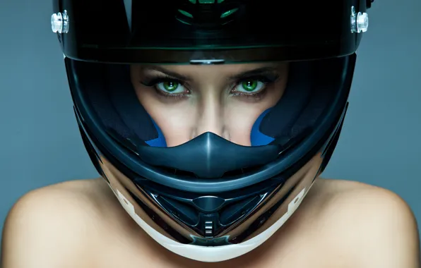 Look, girl, face, eyelashes, background, helmet, shoulders, green eyes