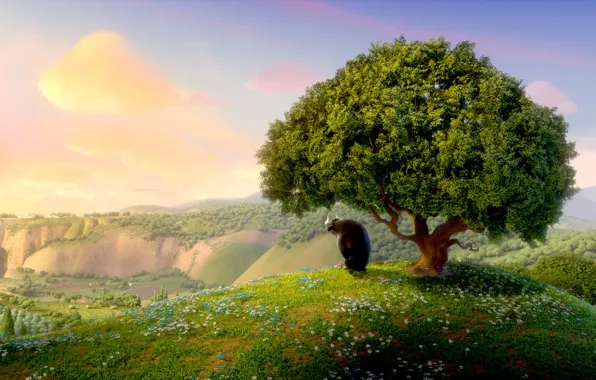Sky, cloud, tree, animal, bull, artwork, animated film, Ferdinand