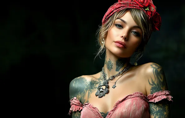 Chest, look, girl, decoration, pose, portrait, makeup, tattoo