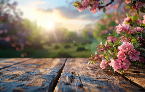 The sun, rays, light, flowers, branches, Board, texture, spring
