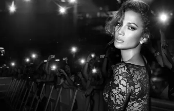 Picture look, face, the crowd, dress, actress, black and white, singer, Jennifer Lopez