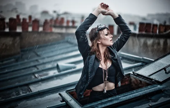 Roof, girl, decoration, rain, mood, the situation, window, Magdalena Korpas