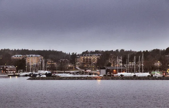 Sea, trees, night, lights, island, home, Sweden