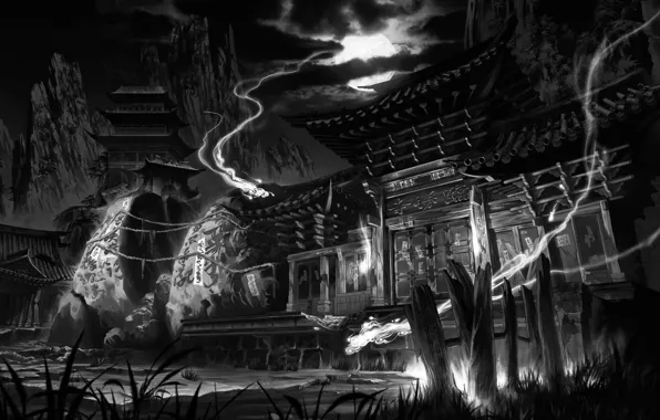 Night, house, darkness, magic, black and white, perfume, temple