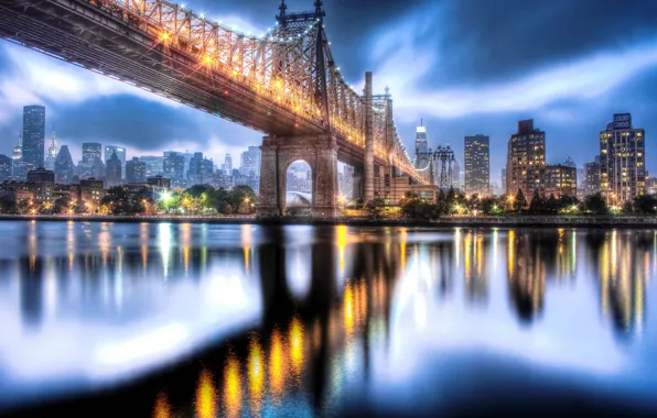 The sky, clouds, the city, lights, reflection, river, building, home