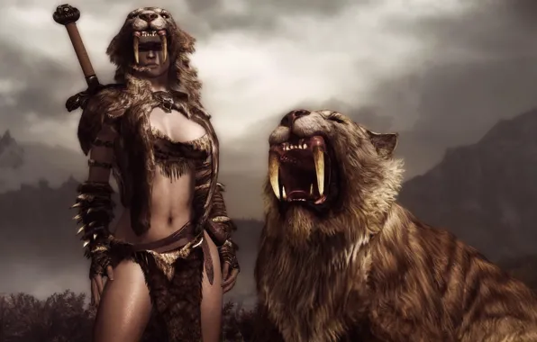 Look, girl, weapons, sword, skin, fangs, The Elder Scrolls V: Skyrim, Sabretooth