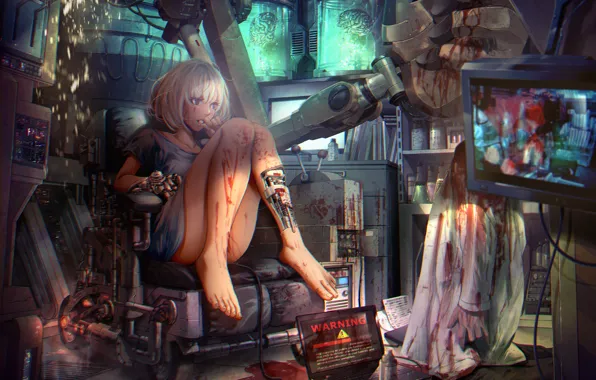 Girl, blood, robot, anime, art, brain, TV, shoichi-kokub
