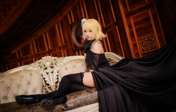 Room, legs, Asian, black dress, cosplay, black stockings, girl posing, sitting on the couch