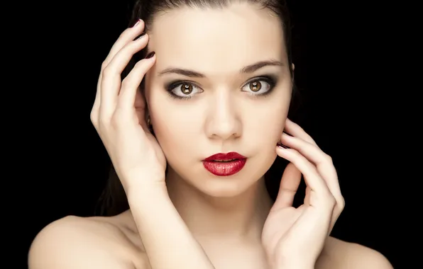 Picture look, girl, background, model, hands, makeup, lipstick, brown eyes