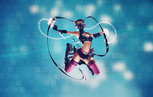 Girl, jump, skirt, stockings, mask, pink, braids, topic