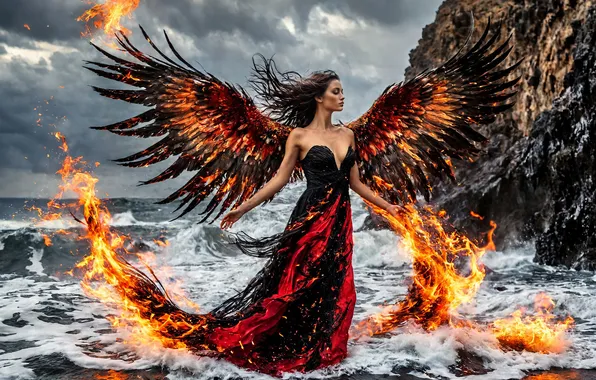 Foam, water, girl, fire, coast, wings