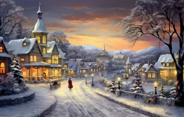 Winter, snow, the city, house, building, home, Christmas, New year