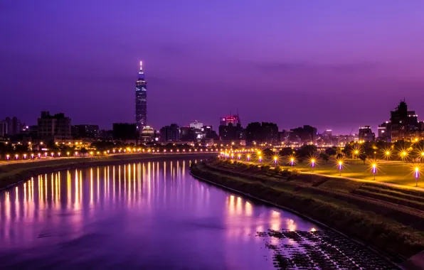 Picture the sky, light, night, the city, lights, reflection, river, tower