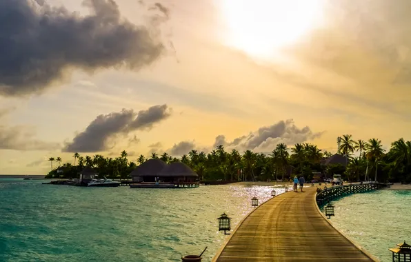 Sea, tropics, palm trees, shore, boats, pier, The Maldives, Bungalow