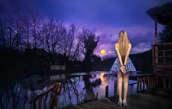 Picture girl, the moon, skirt, legs, Moonlight Viewing