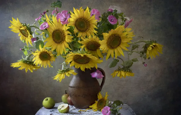 Sunflowers, flowers, table, apples, bouquet, yellow, pink, pitcher