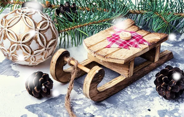 Snow, holiday, ball, ball, rope, Christmas, New year, sleigh