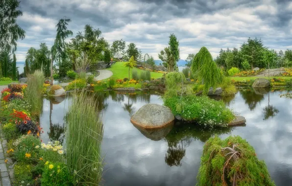 Picture the sky, water, flowers, clouds, nature, pond, Park, tree