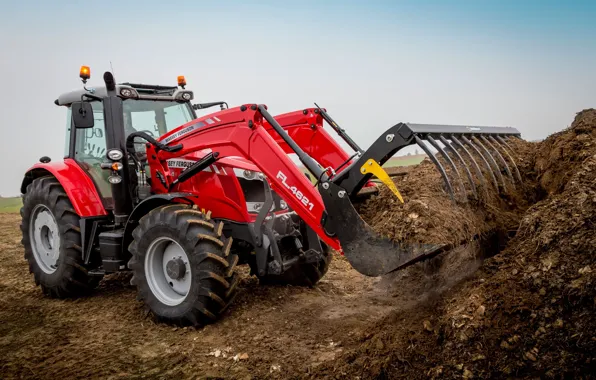 The sky, work, tractor, cabin, wheel, pitchfork, loader, Massey Ferguson