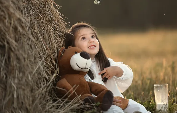 Butterfly, surprise, butterfly, nature, bokeh, bokeh, teddy bear, little girl