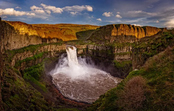 Grass, clouds, light, mountains, rocks, waterfall