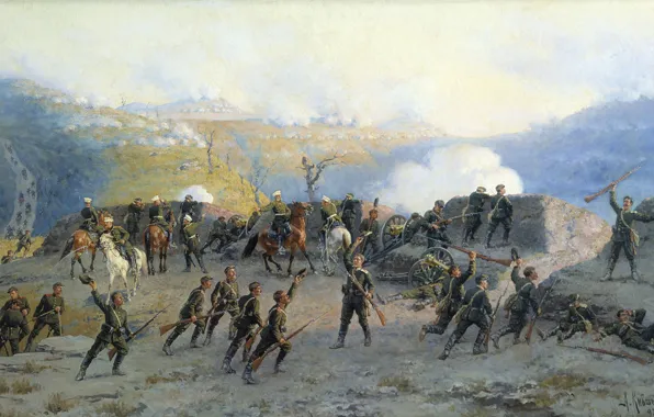 Picture smoke, oil, gun, Canvas, Alexey KIVSHENKO, The battle at the SHIPKA pass