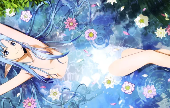 Water, girl, flowers, art, Yuuki Asuna, Sword Art Online, takata akira