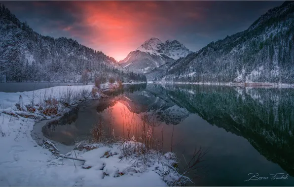 Picture winter, forest, the sky, sunset, mountains, lake, reflection, Austria