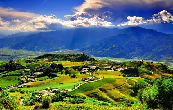 Mountains, hills, view, field, home, valley, village, Landscape