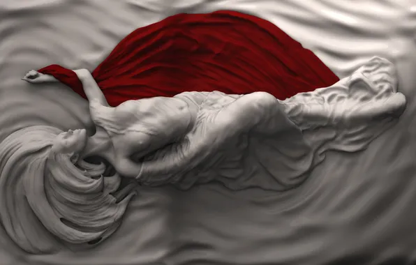 Girl, pose, rendering, fabric, lies, white, statue, red