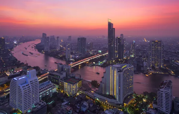 Night, bridge, the city, lights, river, building, boats, Thailand