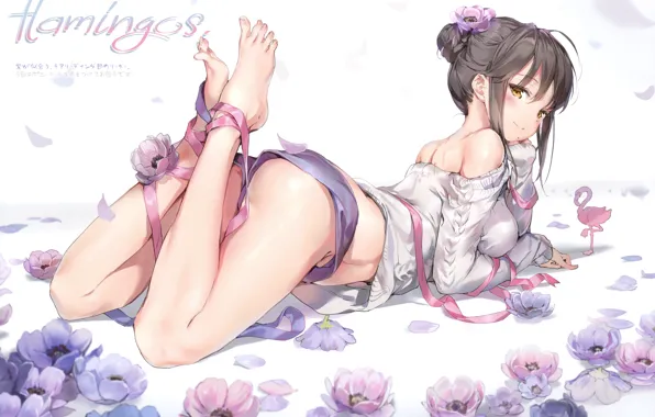 Girl, shorts, on the floor, Flamingo, sweater, flower in hair, sideways, pink ribbon