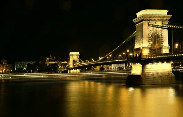 Night, Hungary, Budapest, Danube River, Chain Bridge