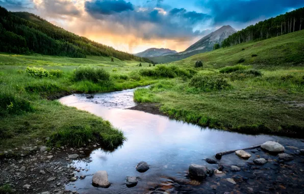 The sky, clouds, mountains, river, Colorado, Rocky Mountains, Crested Butte