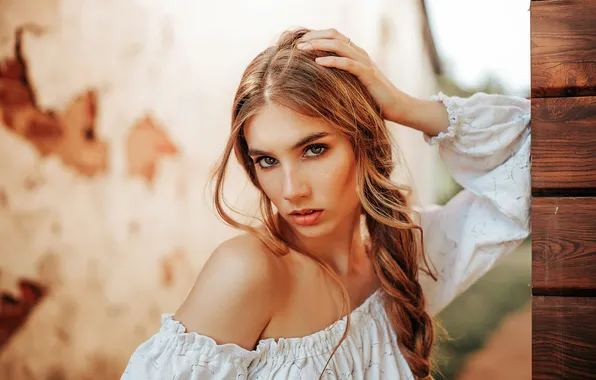 Girl, freckles, braid, red, beautiful, shoulder, in white