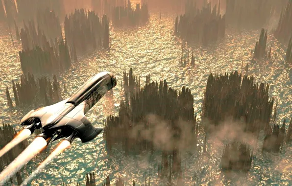 Water, clouds, spaceship, displacement rocks