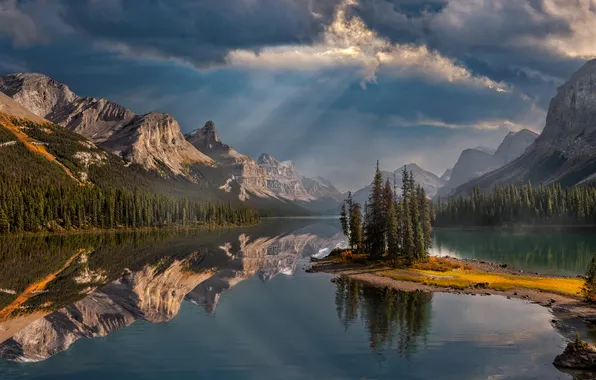 Forest, the sky, mountains, lake, shore, the slopes, Canada, Albert
