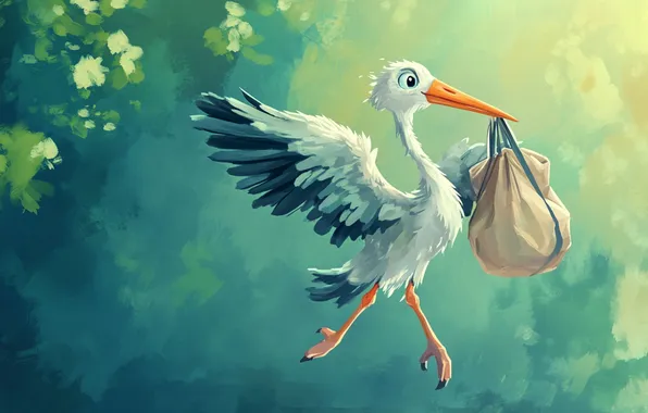 Flight, bird, child, stork, bag, green background, baby, newborn