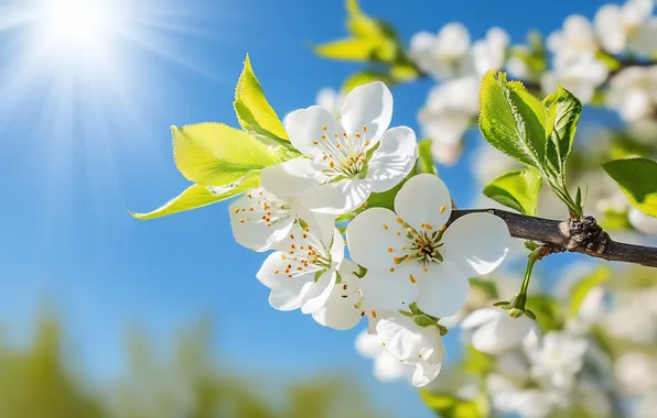 Leaves, the sun, rays, flowers, branch, spring, white, Apple