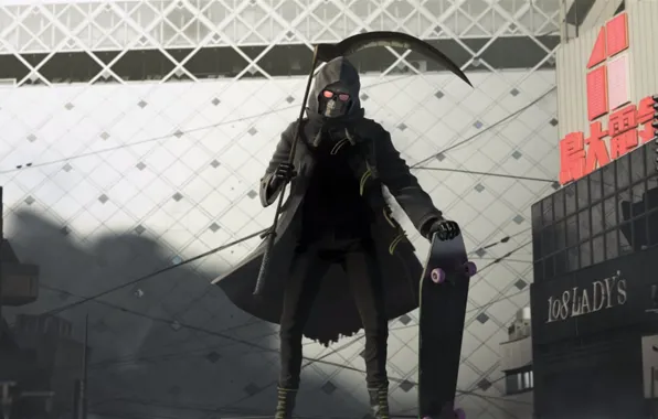 City, sake, game, death, skateboard, reaper, kanji, sickle
