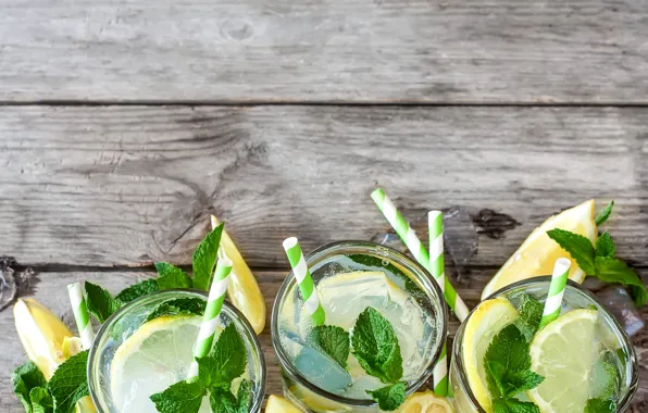 Lemon, glasses, mint, tube, lemonade