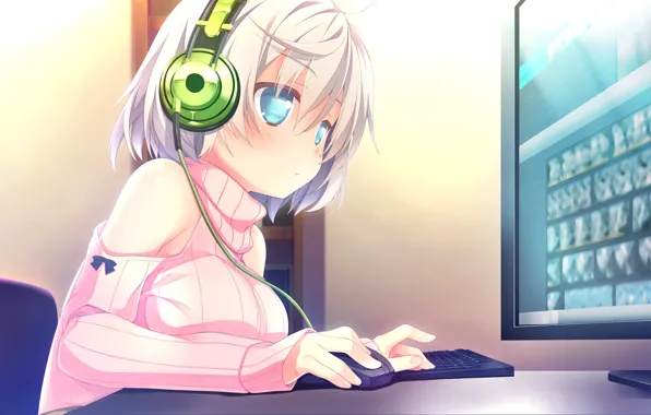 Picture computer, headphones, mouse, girl, keyboard, monitor, blue eyes, white hair