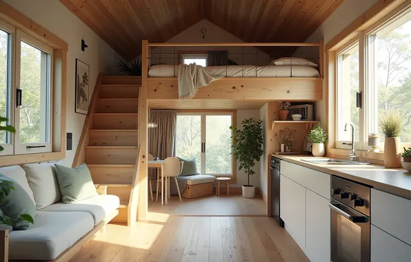 Design, interior, kitchen, living room, dining room, house in the woods, small house, Scandinavian style