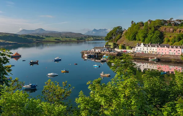The sky, trees, mountains, pier, Scotland, Bay, boats, Portree
