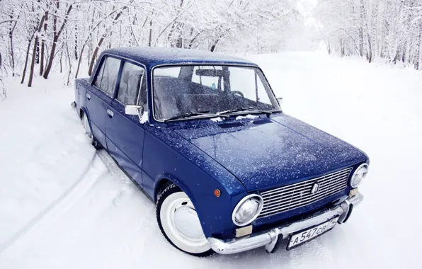 Winter, forest, snow, blue, penny, classic, blue, Lada