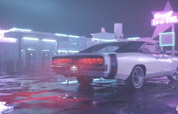 Night, Machine, Style, 1969, Car, Render, Neon, Dodge Charger